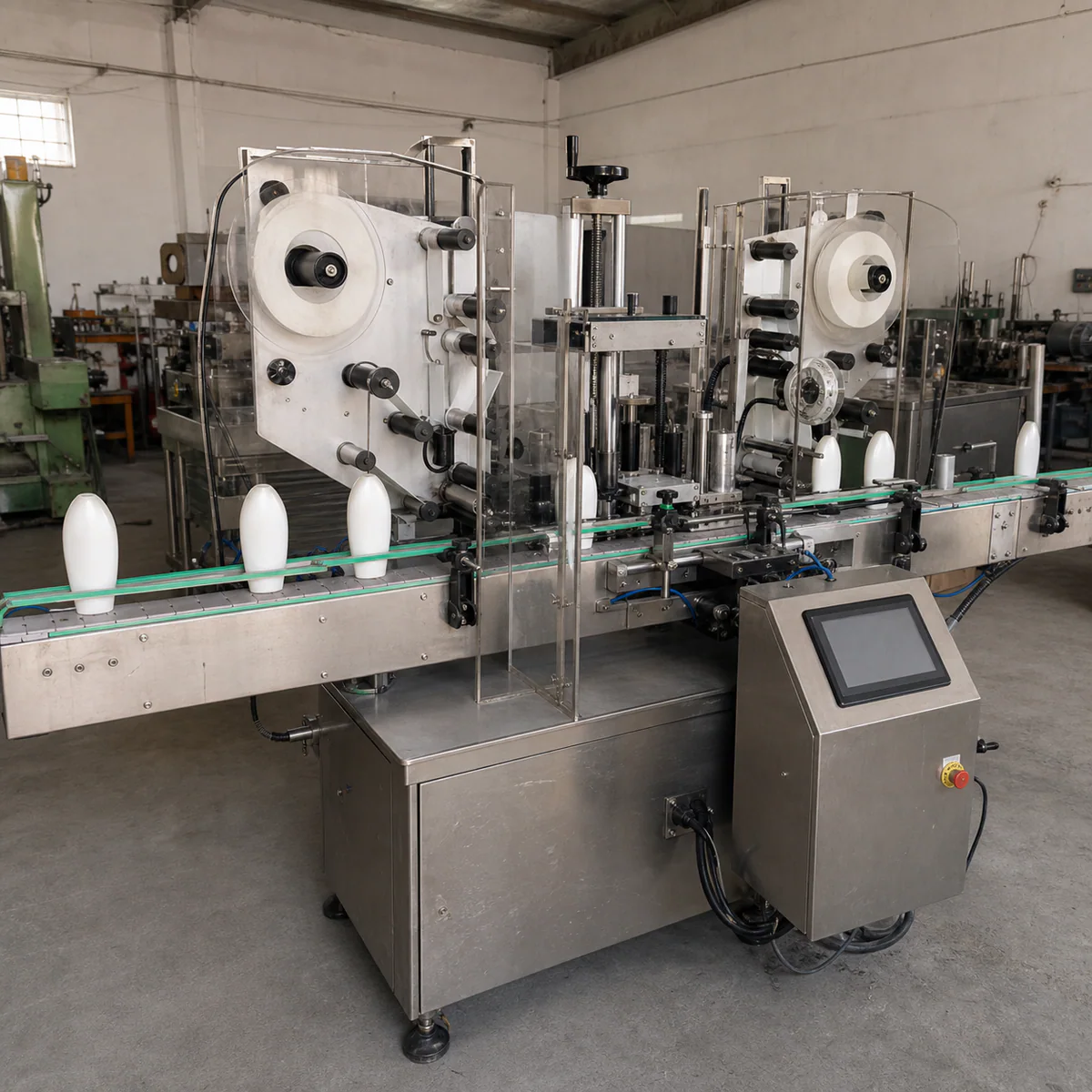 Étiqueteuse double face pour flacons d’occasion