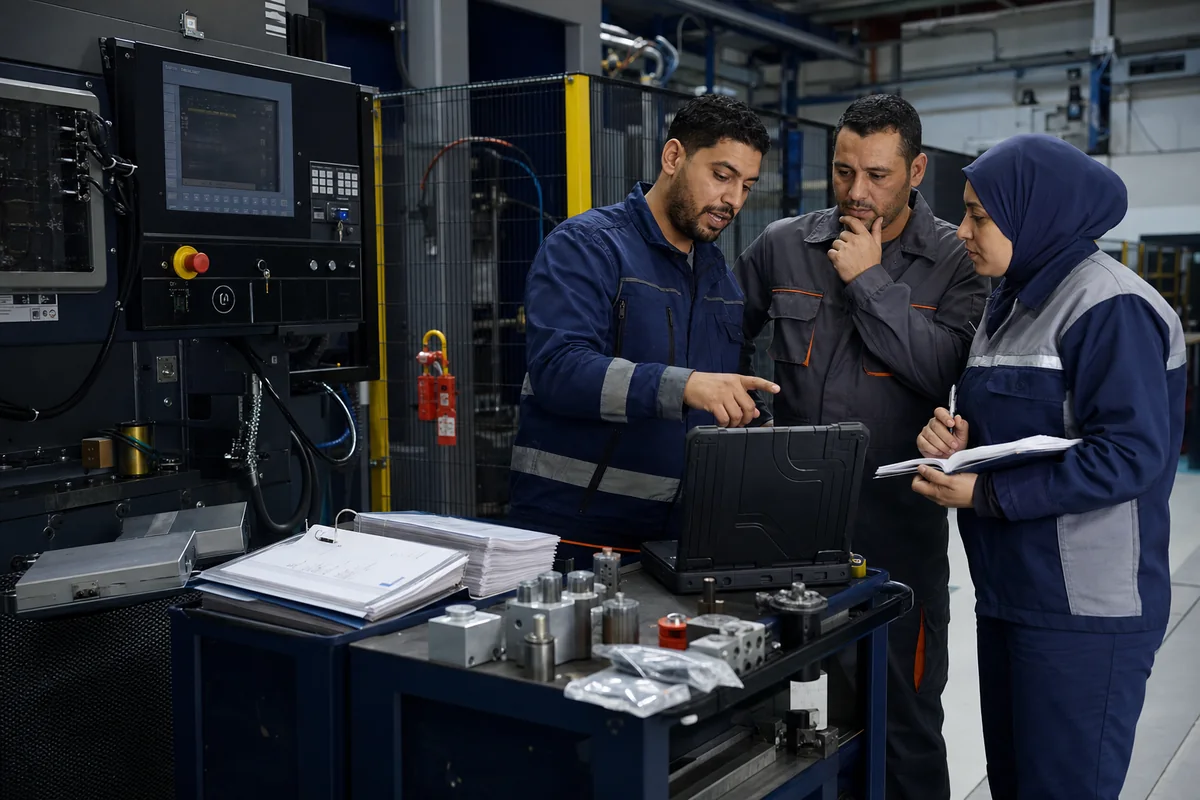 Technicien formant les équipes de maintenance et de production après une mise en service