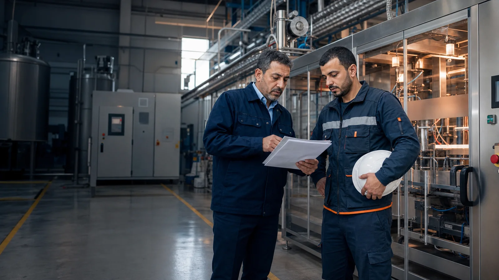 Responsable industriel et technicien préparant la mise en service d’une machine en atelier