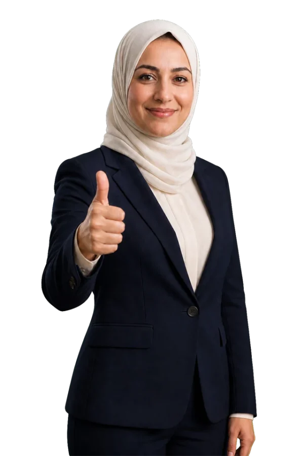 Professionnelle algérienne voilée souriante faisant un pouce levé