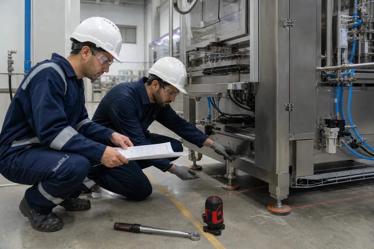 Techniciens contrôlant l’alignement et les raccordements d’une machine industrielle