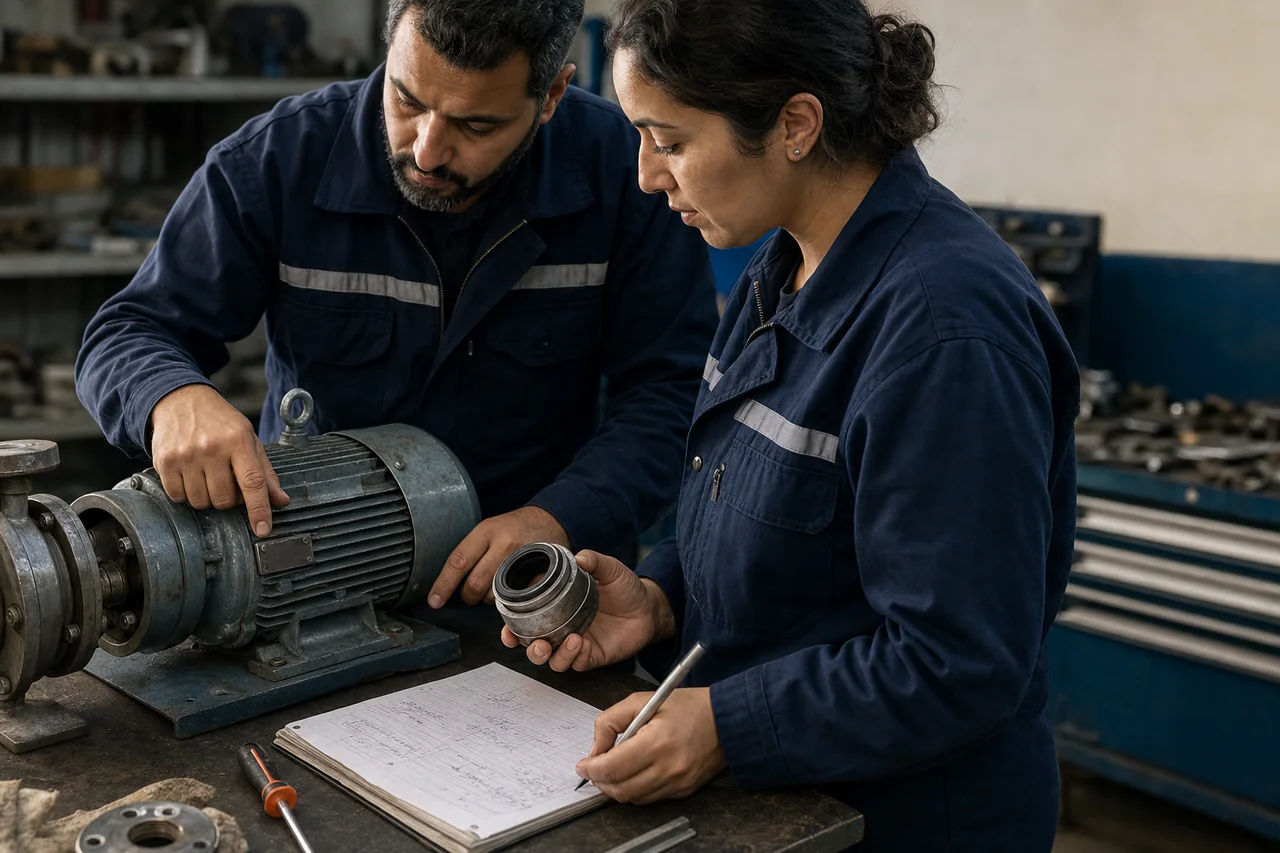 Deux professionnels vérifient un moteur, une pièce et une fiche de contrôle.