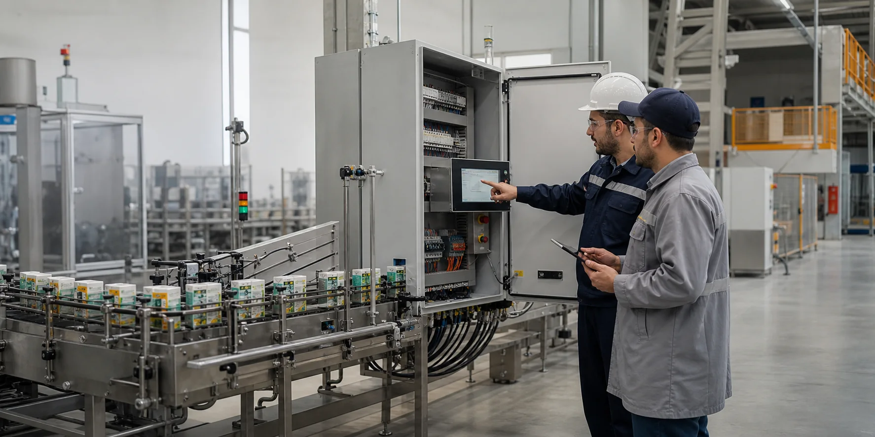 Professionnels étudiant une armoire d’automatisation sur une ligne industrielle