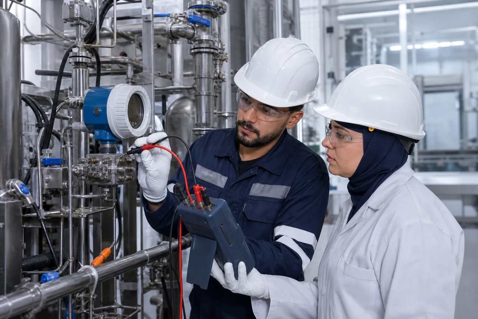 Technicien et responsable qualité contrôlant un instrument de procédé