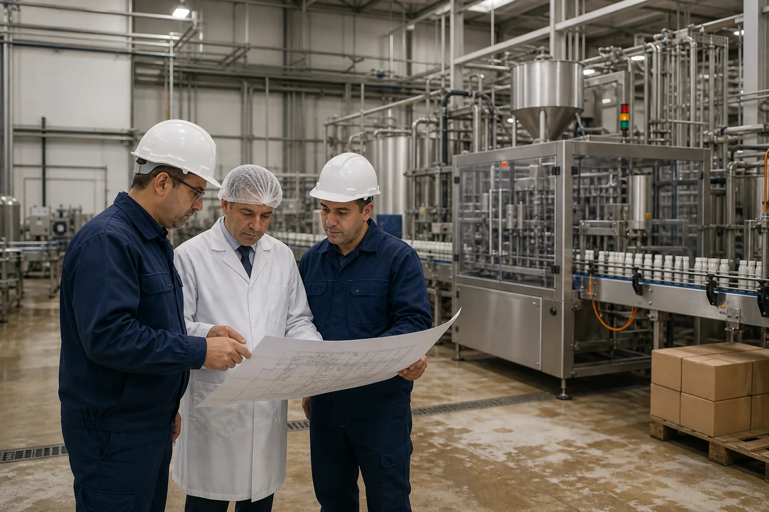 Équipe étudiant l’implantation d’une ligne de production industrielle