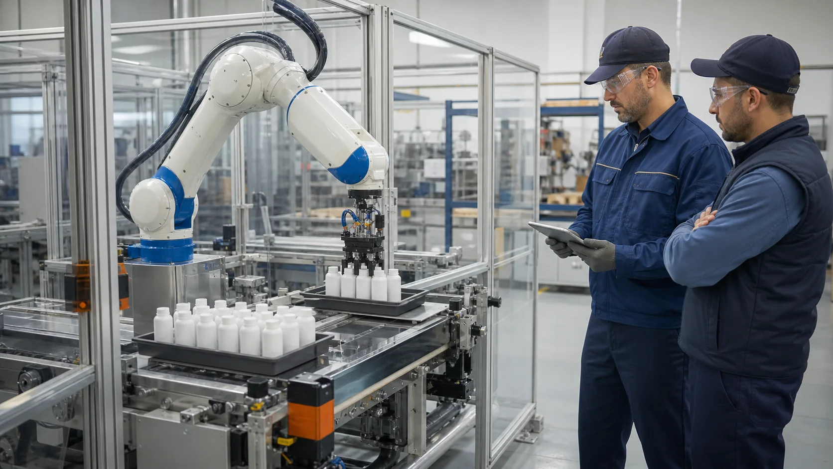 Équipe industrielle observant une cellule robotisée de conditionnement