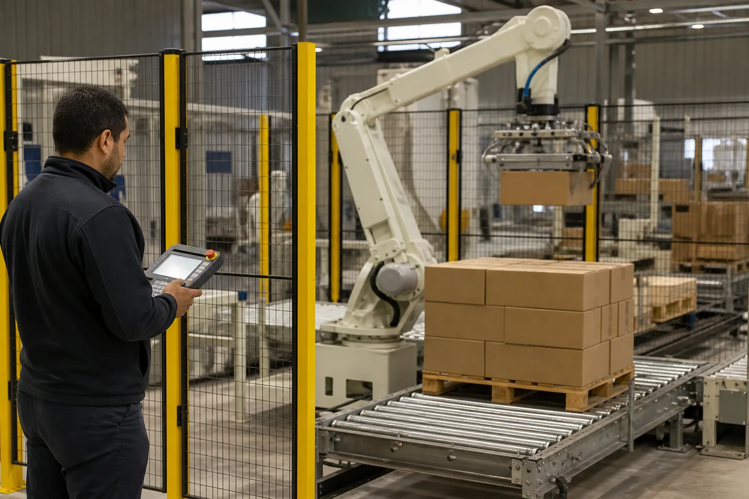 Technicien supervisant une cellule robotisée de palettisation