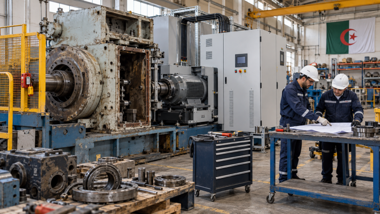 Deux techniciens préparent le rétrofit sécurisé d’une machine dans un atelier industriel algérien.