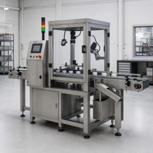 Station de contrôle qualité industriel avec convoyeur et capteurs