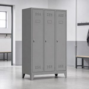 Vestiaire industriel métallique gris à trois cases ventilées