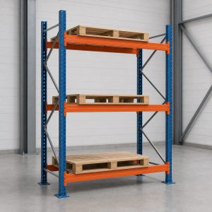 Rack à palettes industriel bleu et orange à trois niveaux