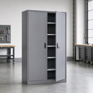 Armoire d’atelier métallique grise à deux portes de 195 cm